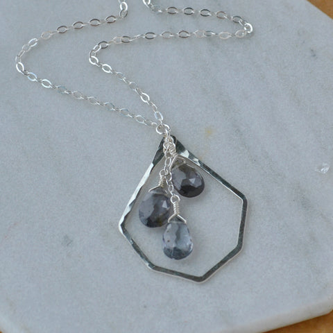 Adrift Necklace - geometric teardrop necklace with grey spinel