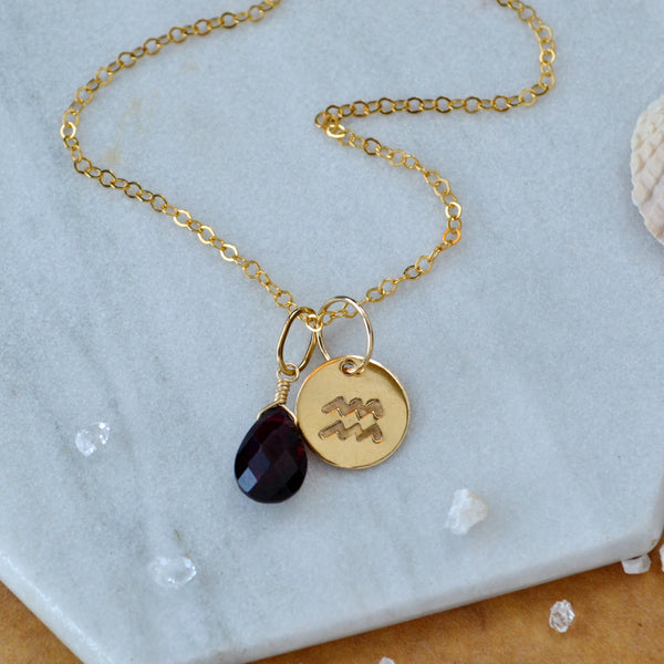 Aquarius charm zodiac sign charms astrology pendant zodiac charm gold filled on chain with birthstone garnet january