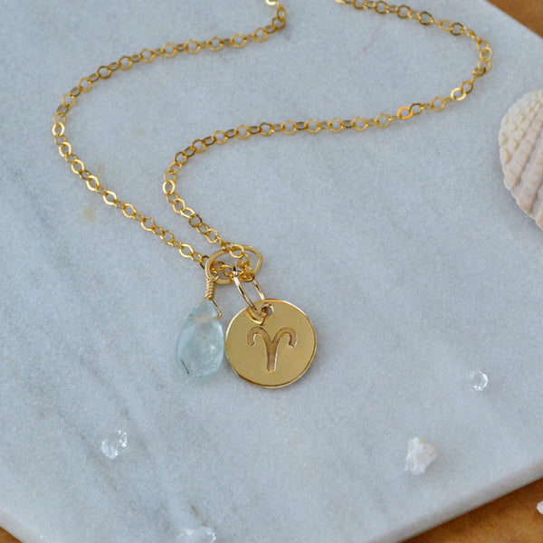 Aries charm zodiac sign charms astrology pendant zodiac charm gold filled on chain with birthstone aquamarine march