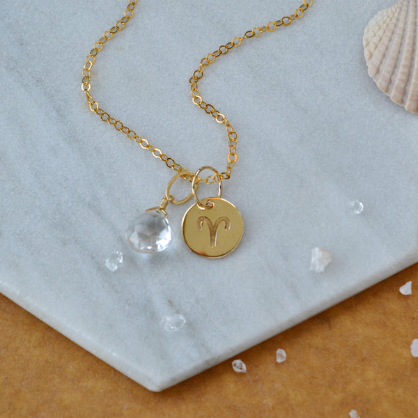 Aries charm zodiac sign charms astrology pendant zodiac charm gold filled on chain with birthstone april white topaz