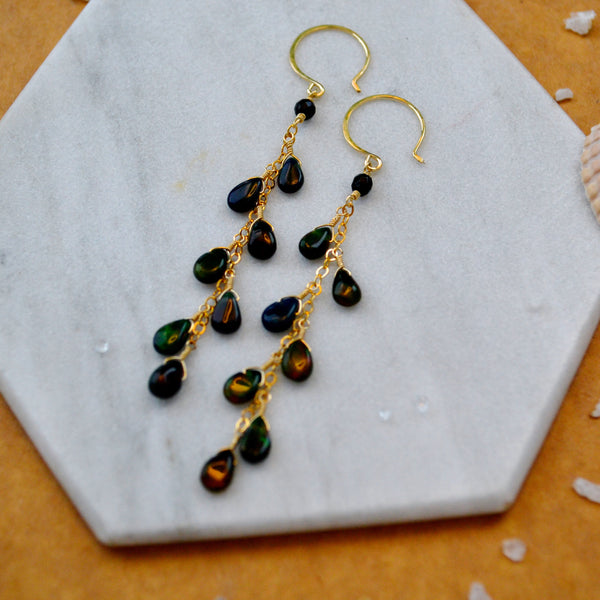 Bonfire Earrings with Black Opal long dangle earrings handmade gemstone jewelry black gem dangles sustainable jewelry gold filled