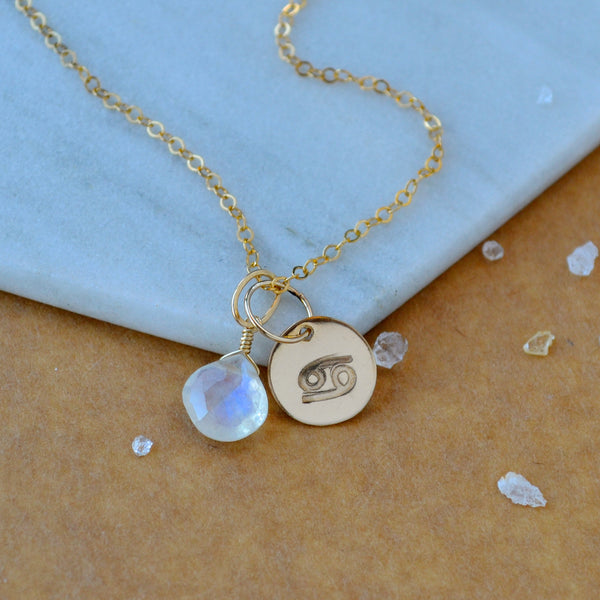 Cancer charm zodiac sign charms astrology pendant zodiac charm gold filled on chain with june birthstone moonstone