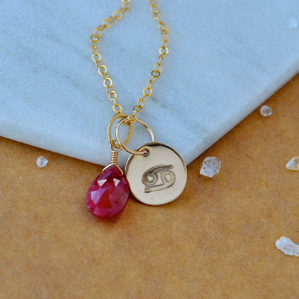 Cancer charm zodiac sign charms astrology pendant zodiac charm gold filled on chain with july birthstone ruby