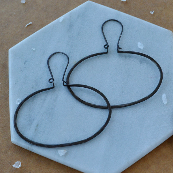 Canoe Hoop Earrings large open oval dangle earrings modern statement hoops handmade hammered earring pounded metal jewelry nickel free back oxidized silver