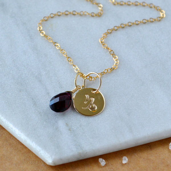 Capricorn charm zodiac sign charms astrology pendant zodiac charm gold filled on chain with january birthstone garnet