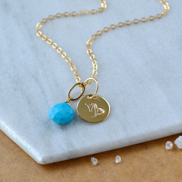 Capricorn charm zodiac sign charms astrology pendant zodiac charm gold filled on chain with december birthstone turquoise