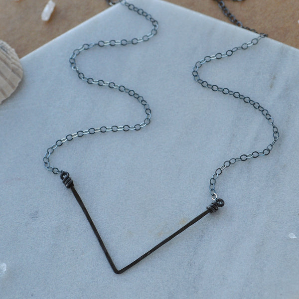 Chevron Necklace v point pendant hammered charm black oxidized sterling silver