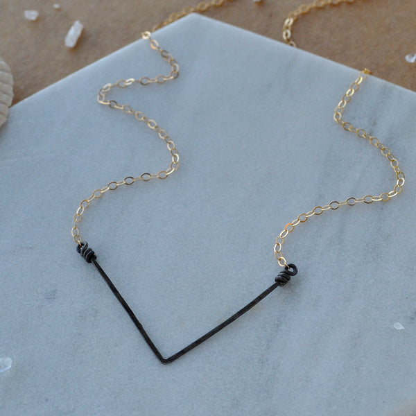 Chevron Necklace v point pendant hammered charm mixed metal black oxidized sterling silver gold filled