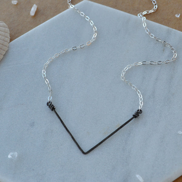 Chevron Necklace v point pendant hammered charm mixed metal black oxidized sterling silver