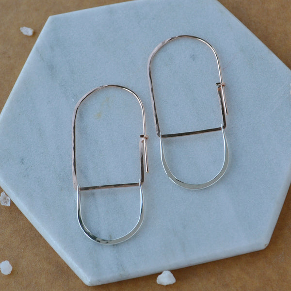 Cove Petite Hoop Earrings arched threader hoop earrings oval hoops statement ear rings handmade sustainable jewelry mixed metal rose gold filled sterling silver