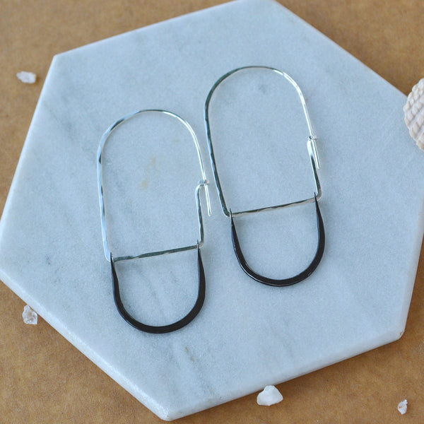 Cove Petite Hoop Earrings arched threader hoop earrings oval hoops statement ear rings handmade sustainable jewelry mixed metal black sterling silver