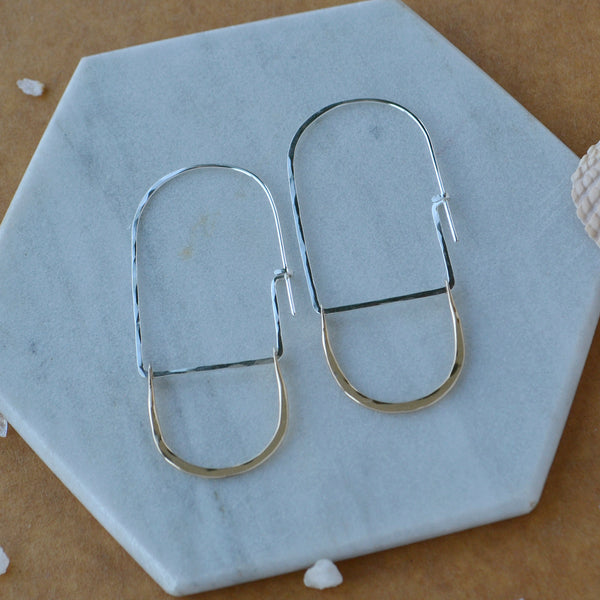 Cove Petite Hoop Earrings arched threader hoop earrings oval hoops statement ear rings handmade sustainable jewelry mixed metal sterling silver gold filled