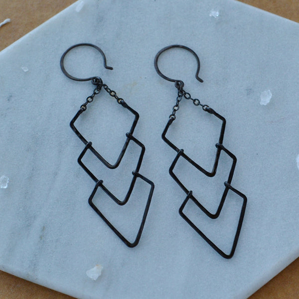 Currents Earrings triple chevron dangle earrings handmade chandelier earring nickel free black oxidized silver