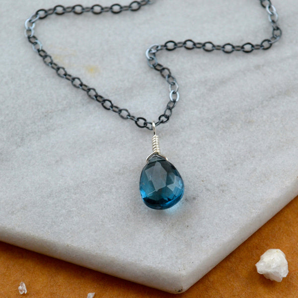 Depths necklace London blue topaz gemstone necklace handmade gem pendant blue stone necklace simple gem charm black silver necklace sustainable jewelry