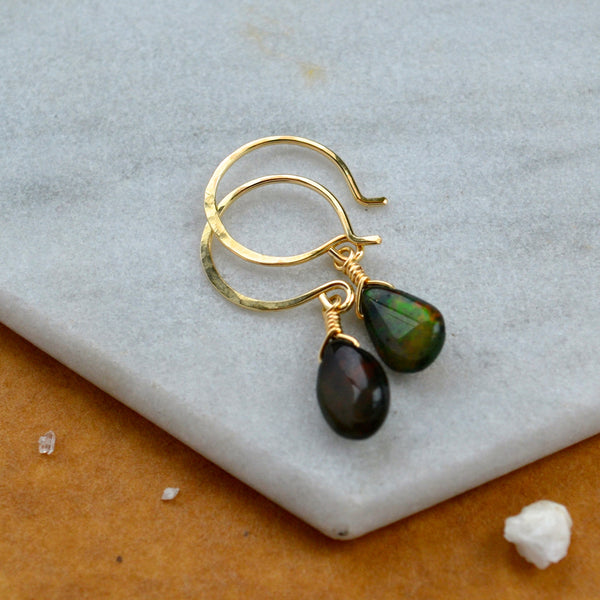 Ember earrings black opal earrings black gemstone drop earrings handmade black opal small ear rings gold filled sustainable jewelry