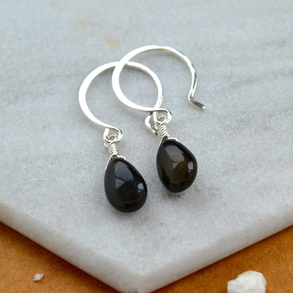 Ember earrings black opal earrings black gemstone drop earrings handmade black opal small ear rings silver sustainable jewelry