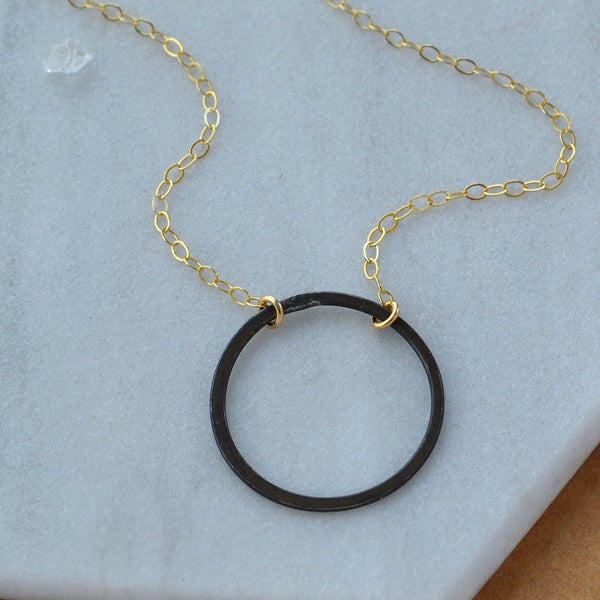 Eternity Necklace flat matte circle open circle charm necklaces handmade dainty circle necklace sustainable jewelry mixed metal gold black oxidized silver custom sizes plus size jewelry