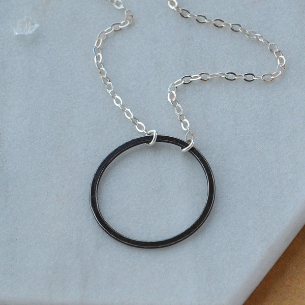 Eternity Necklace flat matte circle open circle charm necklaces handmade dainty circle necklace sustainable jewelry mixed metal black oxidized silver custom sizes plus size jewelry