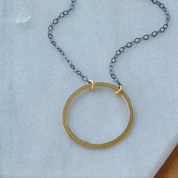 Eternity Necklace flat matte circle open circle charm necklaces handmade dainty circle necklace sustainable jewelry mixed metal gold black oxidized silver custom sizes plus size jewelry