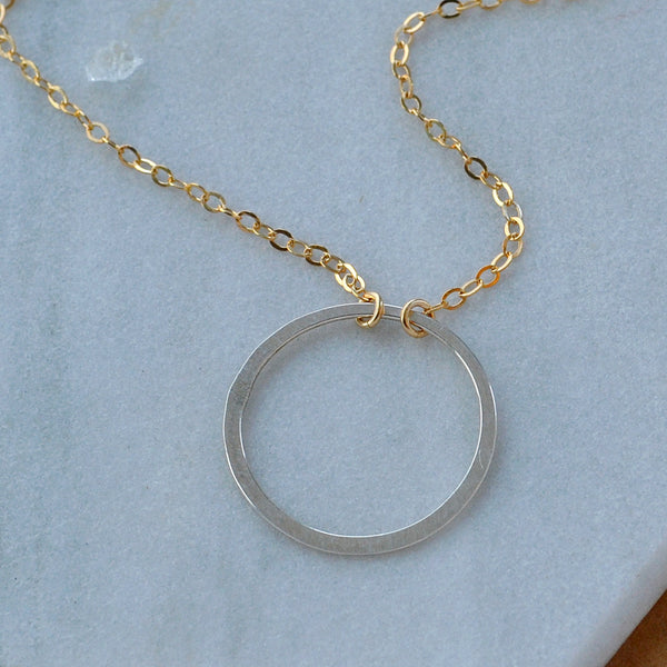Eternity Necklace flat matte circle open circle charm necklaces handmade dainty circle necklace sustainable jewelry mixed metal gold silver custom sizes plus size jewelry