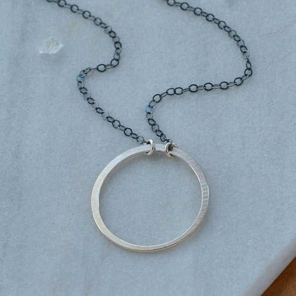 Eternity Necklace flat matte circle open circle charm necklaces handmade dainty circle necklace sustainable jewelry mixed metal black oxidized silver custom sizes plus size jewelry