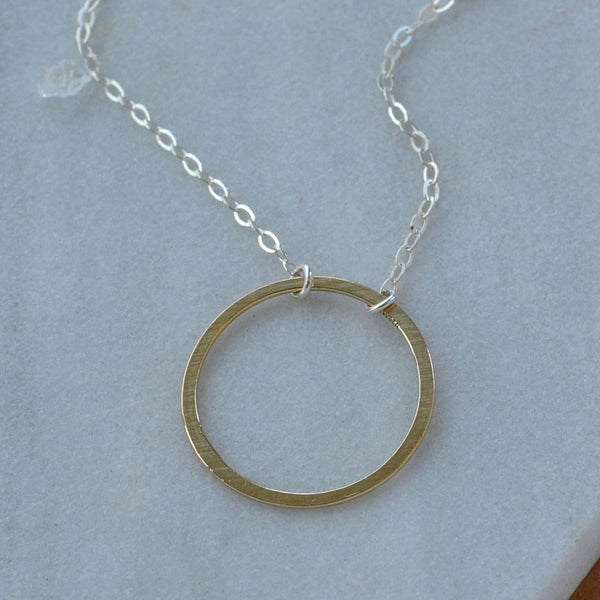 Eternity Necklace flat matte circle open circle charm necklaces handmade dainty circle necklace sustainable jewelry mixed metal silver gold custom sizes plus size jewelry