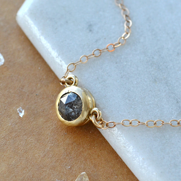 Floating Diamond Necklace 14K Gold salt and pepper Diamond bezel set solitaire necklaces rustic Diamond jewelry handmade solid gold jewelry sustainable 14K Yellow gold