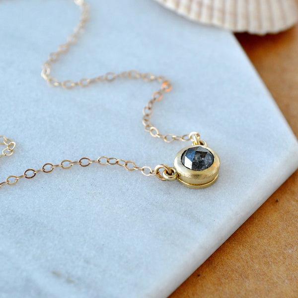 Floating Diamond Necklace 14K Gold salt and pepper Diamond bezel set solitaire necklaces rustic Diamond jewelry handmade solid gold jewelry sustainable 14K Yellow gold sideview