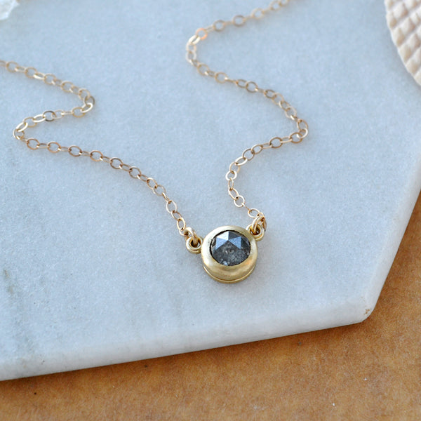 Floating Diamond Necklace 14K Gold salt and pepper Diamond bezel set solitaire necklaces rustic Diamond jewelry handmade solid gold jewelry sustainable 14K Yellow gold arial