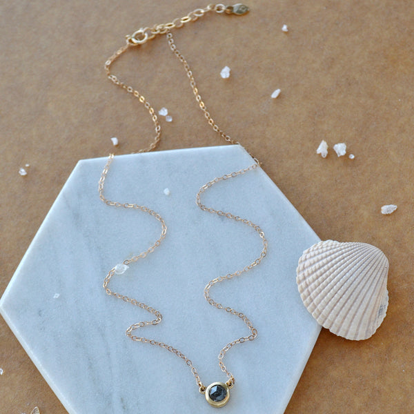 Floating Diamond Necklace 14K Gold salt and pepper Diamond bezel set solitaire necklaces rustic Diamond jewelry handmade solid gold jewelry sustainable 14K Gold full length adjustable