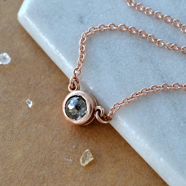 Floating Diamond Necklace 14K Gold salt and pepper Diamond bezel set solitaire necklaces rustic Diamond jewelry handmade solid gold jewelry sustainable 14K Rose Gold