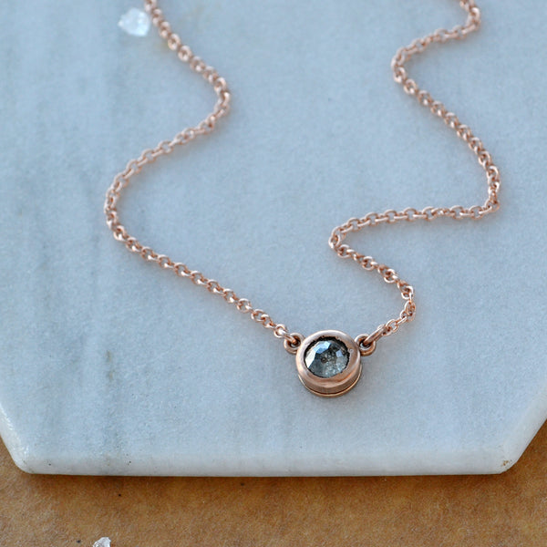 Floating Diamond Necklace 14K Gold salt and pepper Diamond bezel set solitaire necklaces rustic Diamond jewelry handmade solid gold jewelry sustainable 14K Rose Gold arial