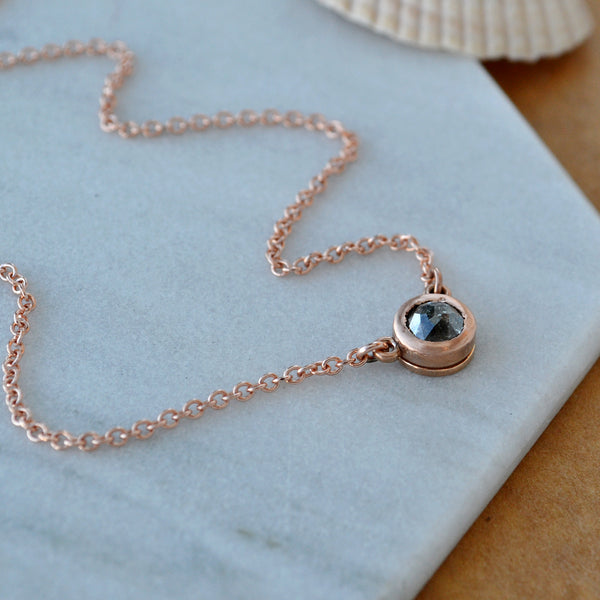 Floating Diamond Necklace 14K Gold salt and pepper Diamond bezel set solitaire necklaces rustic Grey Diamond jewelry handmade solid gold jewelry sustainable 14K Rose Gold sideview