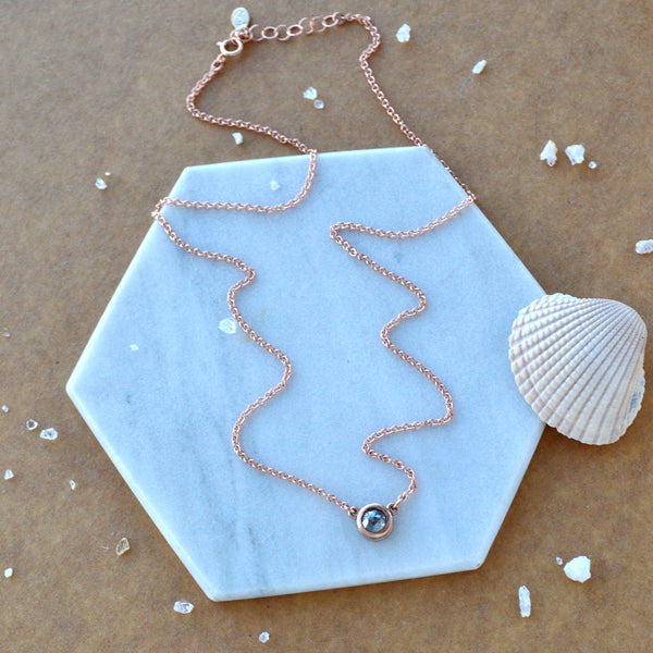 Floating Diamond Necklace 14K Gold salt and pepper Diamond bezel set solitaire necklaces rustic Diamond jewelry handmade solid gold jewelry sustainable 14K Rose Gold adjustable length