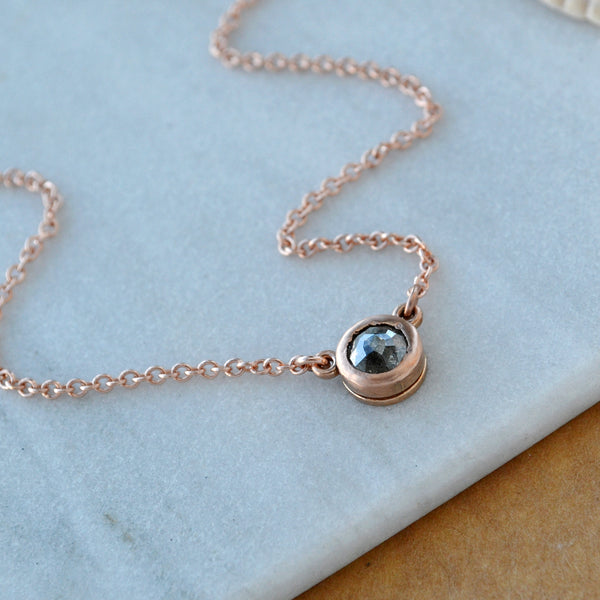 Floating Diamond Necklace 14K Gold salt and pepper Diamond bezel set solitaire necklaces rustic Diamond jewelry handmade solid gold jewelry sustainable 14K Rose Gold