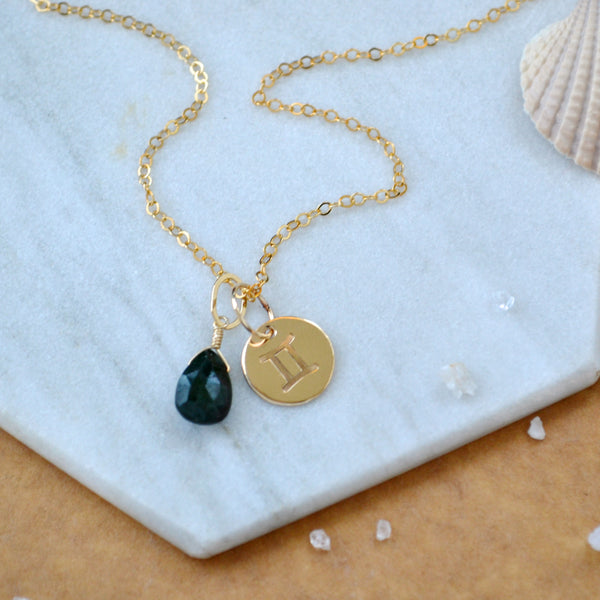 Gemini charm zodiac sign charms astrology pendant zodiac charm gold filled on chain with may birthstone emerald