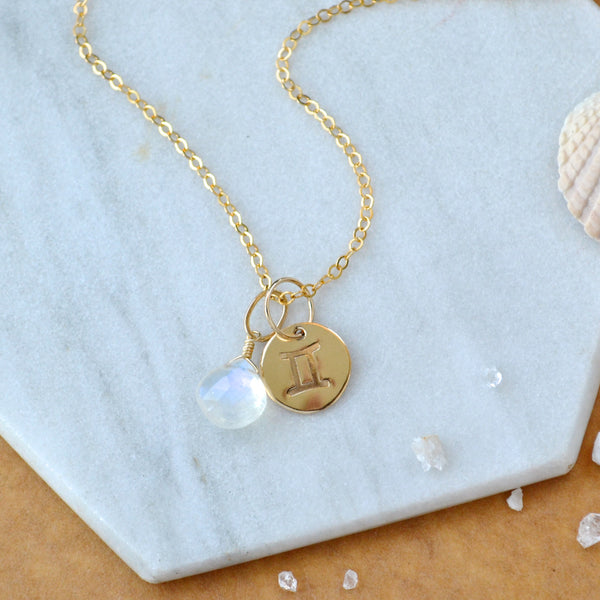 Gemini charm zodiac sign charms astrology pendant zodiac charm gold filled on chain with june birthstone moonstone
