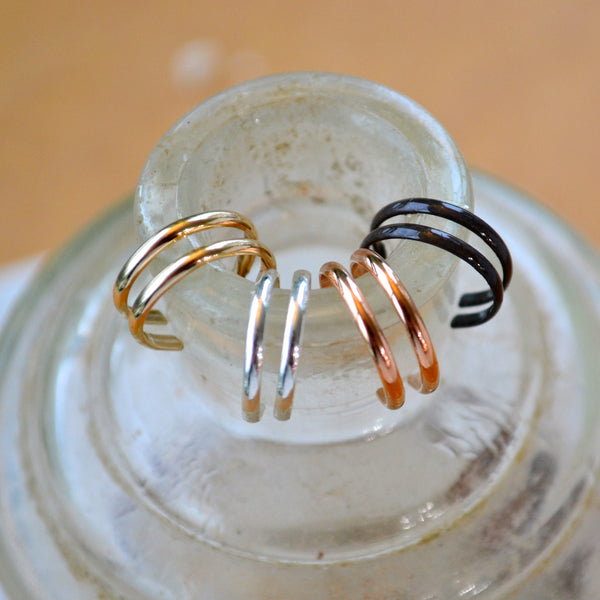 Hooked Helix Ear Cuff double cuff earring fake ear piercing faux parallel line earcuffs custom sizes 7mm 8mm 9mm 10mm conch piercing helix earrings nickel free handmade ear cuff jewelry rose gold filled black oxidized sterling silver