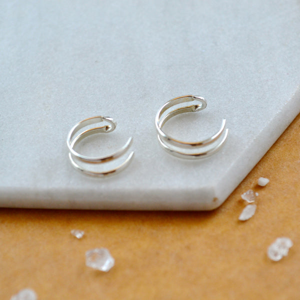 HOOKED EAR CUFF EARRING double earcuff parallel line silver ear cuffs earring