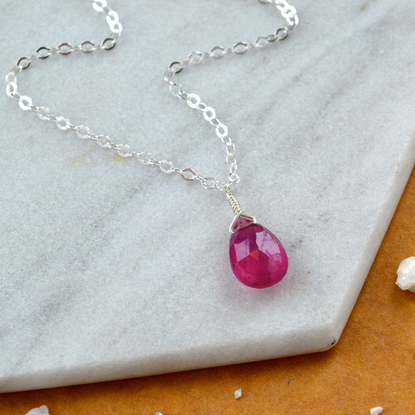 Hibiscus necklace pink sapphire gemstone necklace handmade gem pendant pink stone necklace simple gem charm pink sapphire silver necklace sustainable jewelry