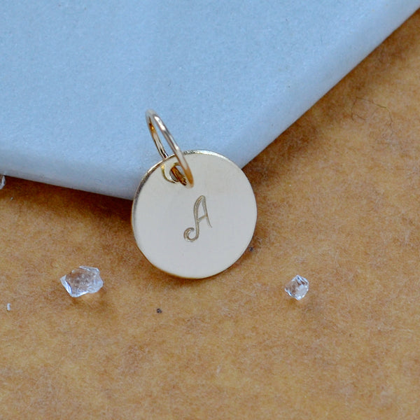 LETTER CHARM, capital A initial charms, handmade alphabet circle charm, cursive gold A letter pendant, simple jewelry, delicate handmade charm jewelry, nickel-free charms, script