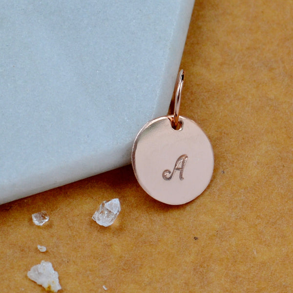 LETTER CHARM, capital A initial charms, handmade alphabet circle charm, cursive rose gold A letter pendant, simple jewelry, delicate handmade charm jewelry, nickel-free charms, script