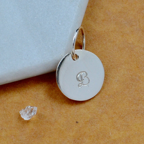 LETTER CHARM, capital B initial charms, handmade alphabet circle charm, cursive B letter pendant, simple jewelry, delicate handmade silver charm jewelry, nickel-free charms, script