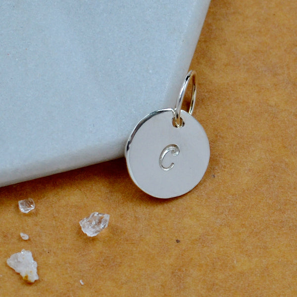 LETTER CHARM, capital C initial charms, handmade alphabet circle charm, cursive C letter pendant, simple jewelry, delicate handmade charm jewelry, nickel-free charms, silver