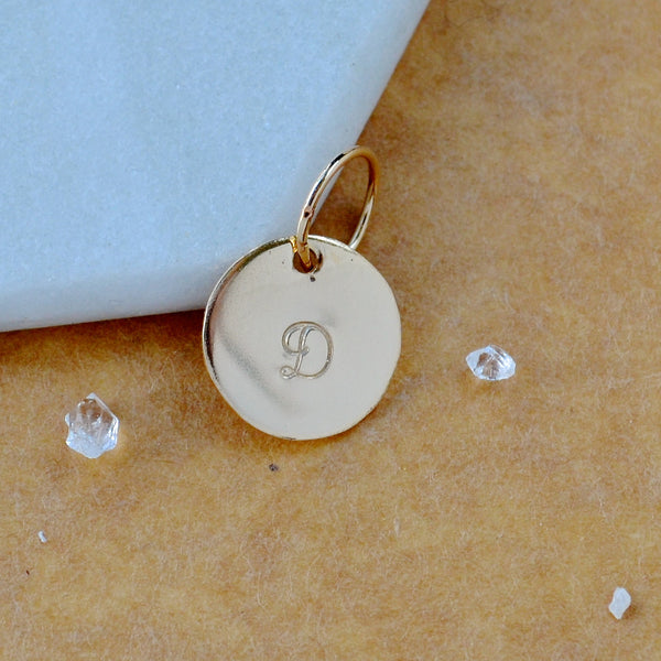 LETTER CHARM, capital D initial charms, handmade alphabet circle charm, cursive D letter pendant, simple jewelry, delicate handmade charm jewelry, nickel-free charms, gold letter charm