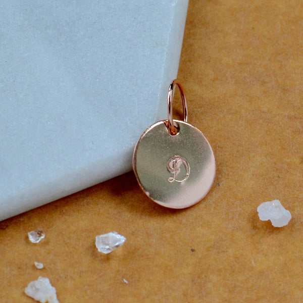 LETTER CHARM, capital D initial charms, handmade alphabet circle charm, cursive D letter pendant, simple jewelry, delicate handmade charm jewelry, nickel-free charms, rose gold letter charm