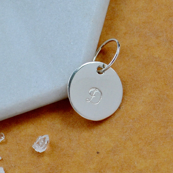 LETTER CHARM, capital D initial charms, handmade alphabet circle charm, cursive D letter pendant, simple jewelry, delicate handmade charm jewelry, nickel-free charms, silver letter charm
