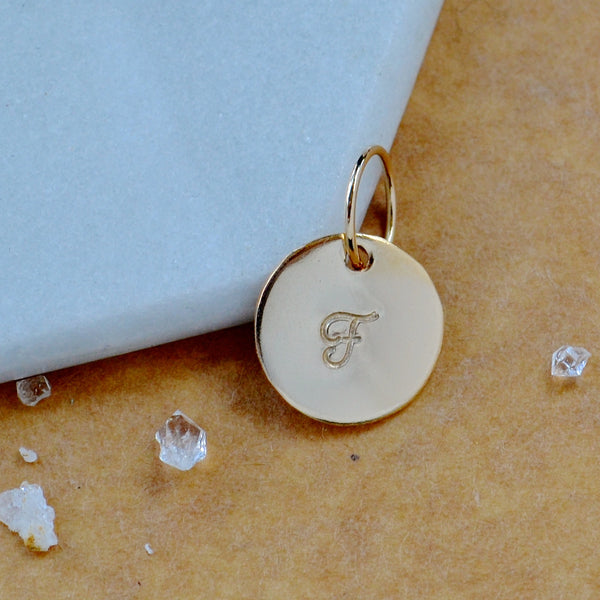 LETTER CHARM, capital F initial charms, handmade alphabet circle charm, cursive F letter pendant, simple jewelry, delicate handmade charm jewelry, nickel-free charms, gold letter charm