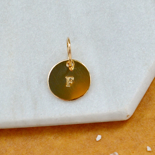 LETTER CHARM, capital F initial charms, handmade alphabet circle charm, F letter pendant, simple jewelry, delicate handmade charms, nickel-free jewelry, gold letter charm