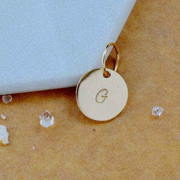 LETTER CHARM, capital G initial charms, handmade alphabet circle charm, cursive G letter pendant, simple jewelry, delicate handmade charm jewelry, nickel-free charms, gold letter charm